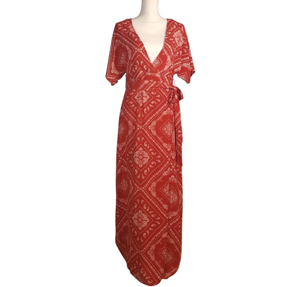 Forever 21 Red bandana maxi wrap dress with small side slit SZ L